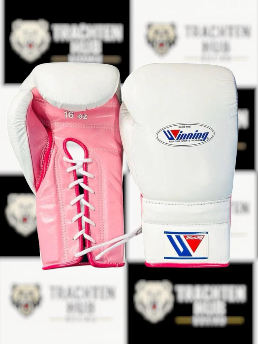 Custom Handmade Pink White Boxing Gloves - Winning - 100% Cow Leather • Custom Name Print