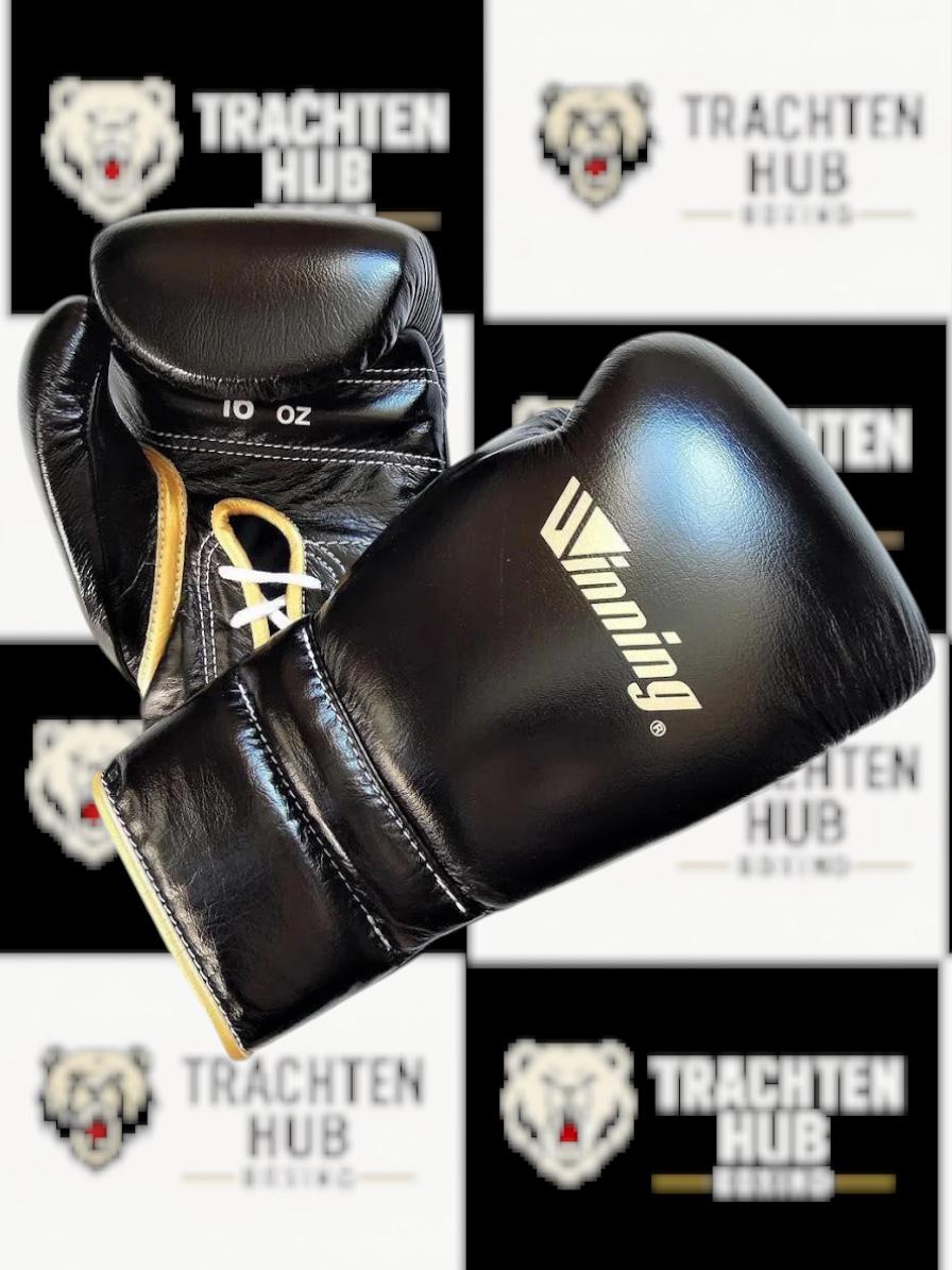 Custom Handmade Black Boxing Gloves - Winning - 100% Cow Leather • Custom Name Print | Handmade Boxing Gear by TRACHTEN HUB