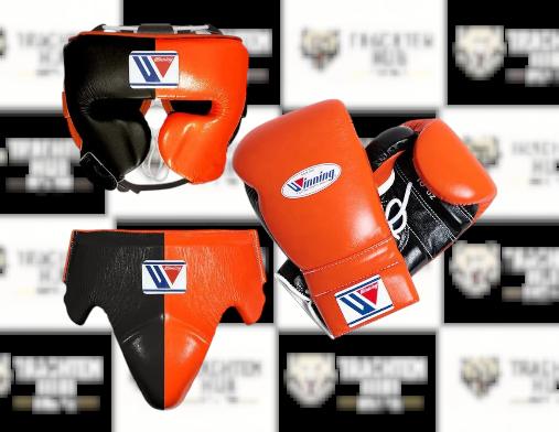Custom Handmade Black Orange Kit - Winning - 100% Cow Leather • Custom Name Print | Handmade Boxing Gear by TRACHTEN HUB
