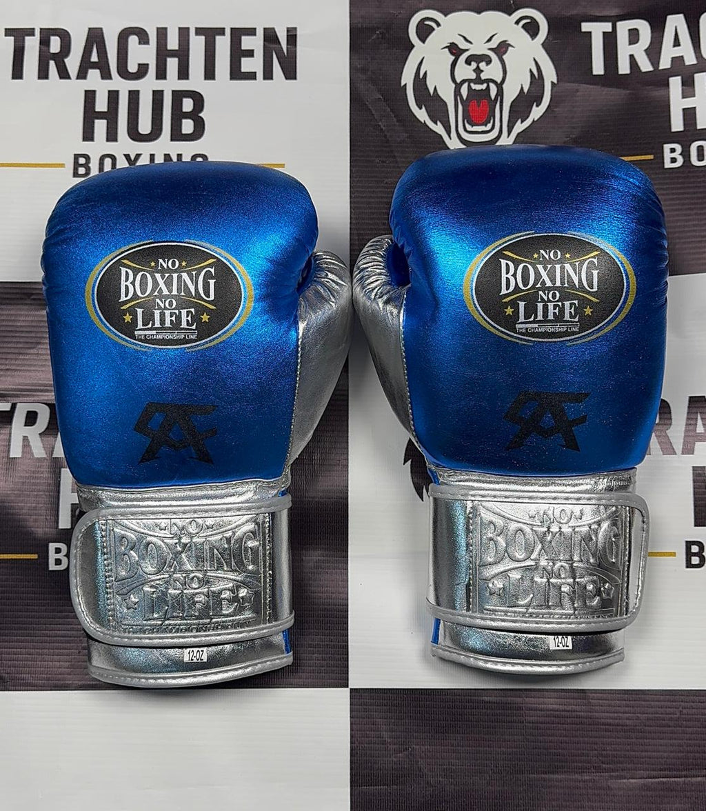 Custom Handmade Blue Silver Boxing Gloves - NBNL - 100% Cow Leather • Custom Name Print | Handmade Boxing Gear by TRACHTEN HUB