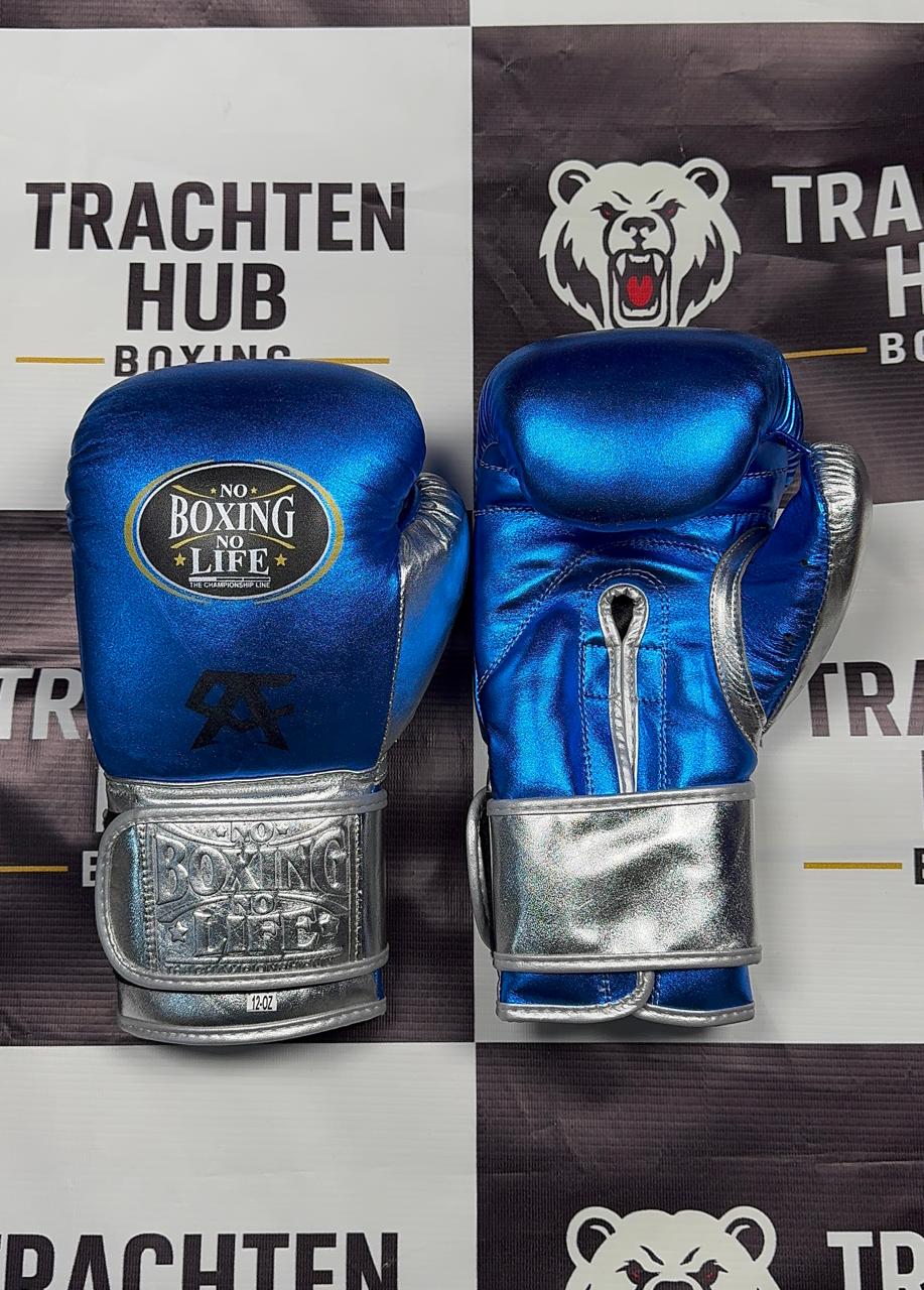 Custom Handmade Blue Silver Boxing Gloves - NBNL - 100% Cow Leather • Custom Name Print | Handmade Boxing Gear by TRACHTEN HUB