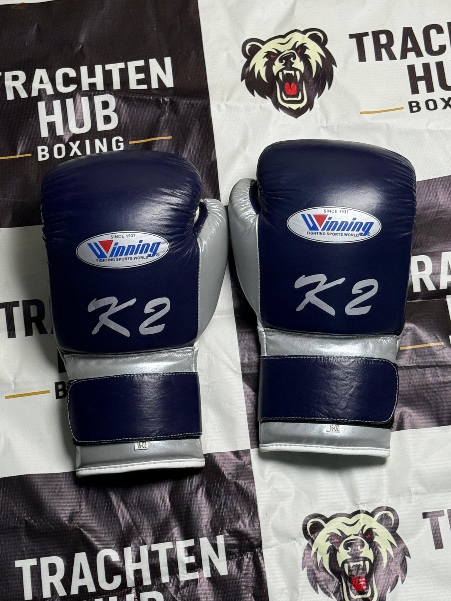 Custom Handmade Blue Silver Boxing Gloves - Winning - 100% Cow Leather • Custom Name Print | Handmade Boxing Gear by TRACHTEN HUB