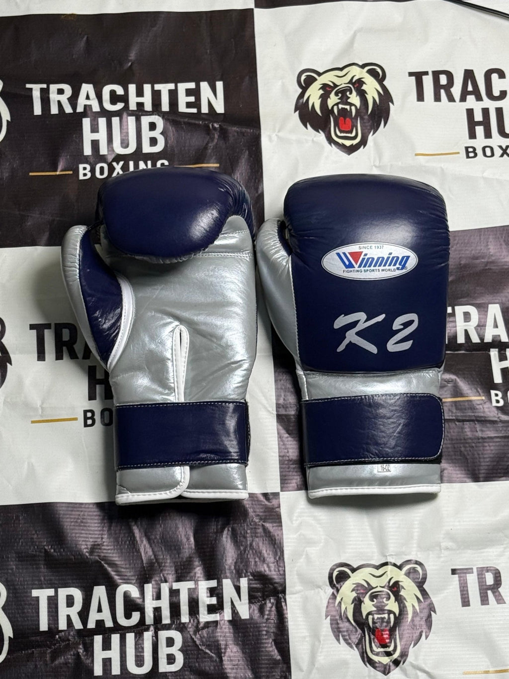 Custom Handmade Blue Silver Boxing Gloves - Winning - 100% Cow Leather • Custom Name Print | Handmade Boxing Gear by TRACHTEN HUB