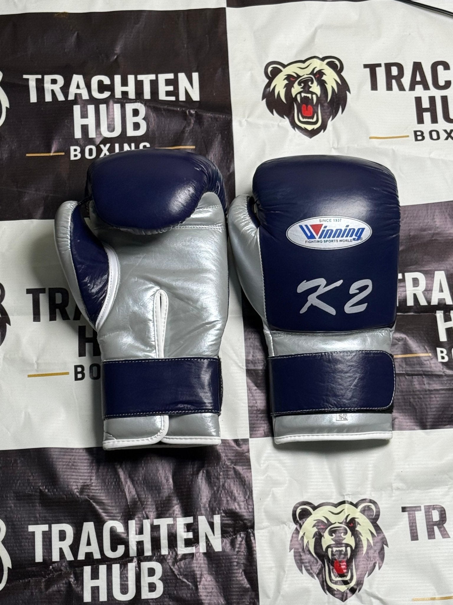Custom Handmade Blue Silver Boxing Gloves - Winning - 100% Cow Leather • Custom Name Print | Handmade Boxing Gear by TRACHTEN HUB