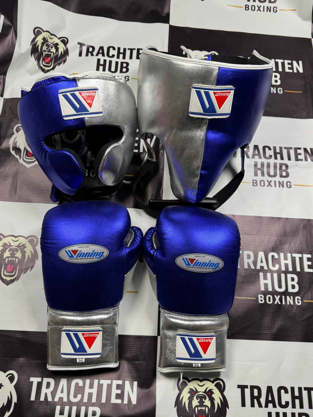 Custom Handmade Blue Silver Kit - Winning - 100% Cow Leather • Custom Name Print | Handmade Boxing Gear by TRACHTEN HUB