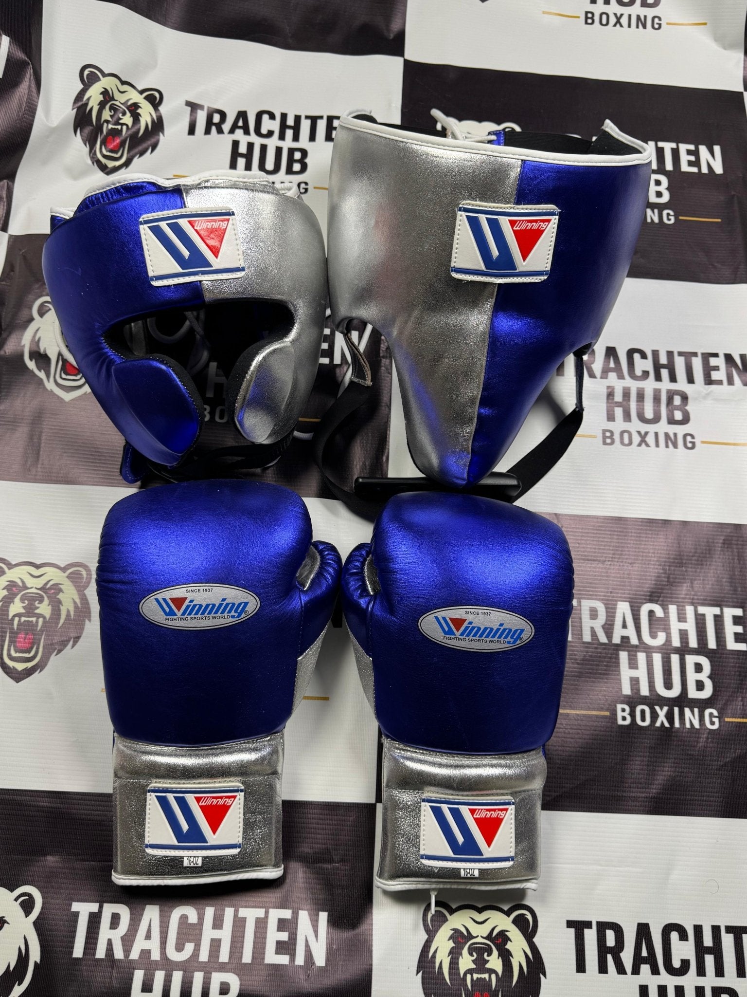 Custom Handmade Blue Silver Kit - Winning - 100% Cow Leather • Custom Name Print | Handmade Boxing Gear by TRACHTEN HUB