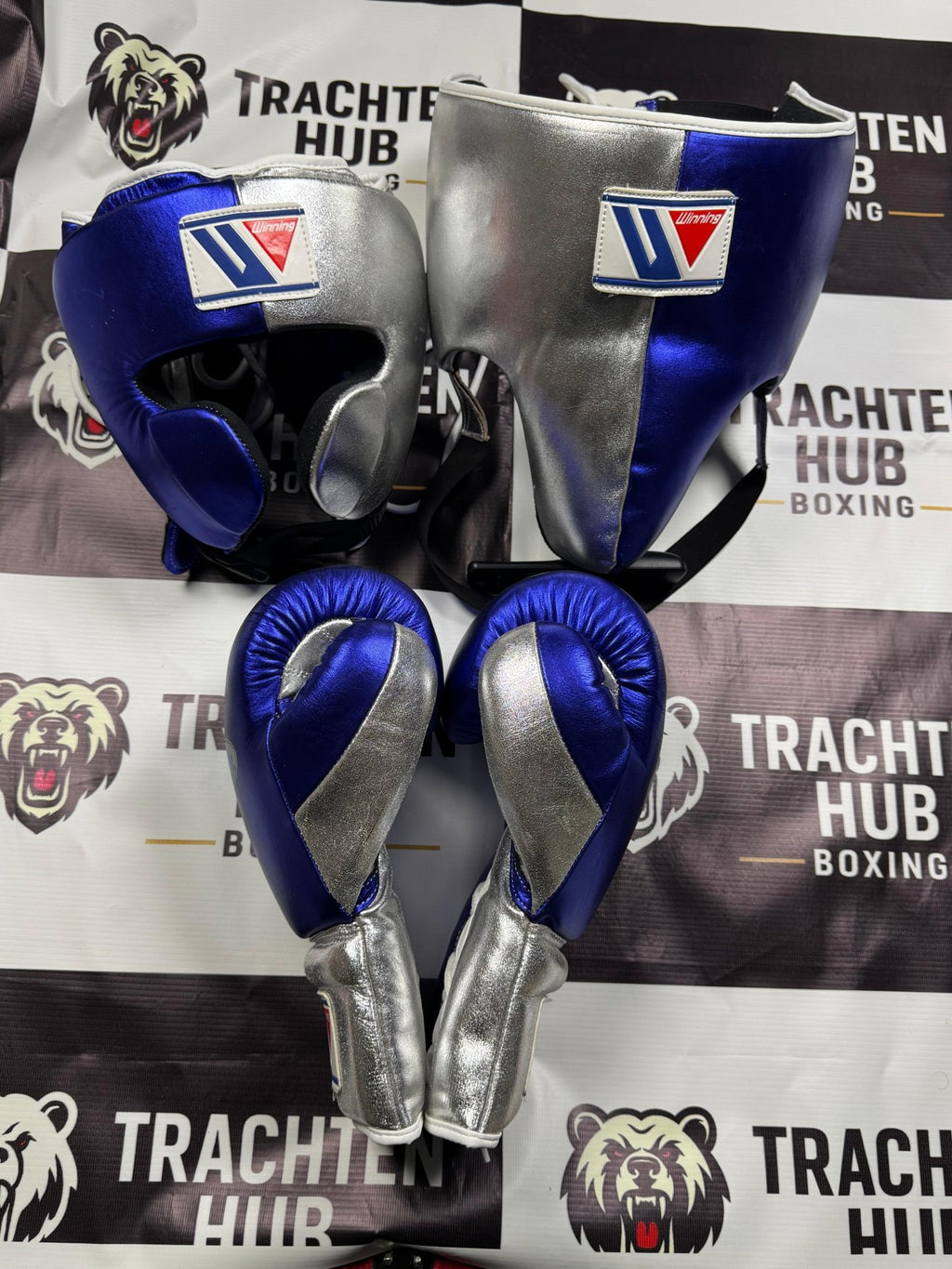 Custom Handmade Blue Silver Kit - Winning - 100% Cow Leather • Custom Name Print | Handmade Boxing Gear by TRACHTEN HUB