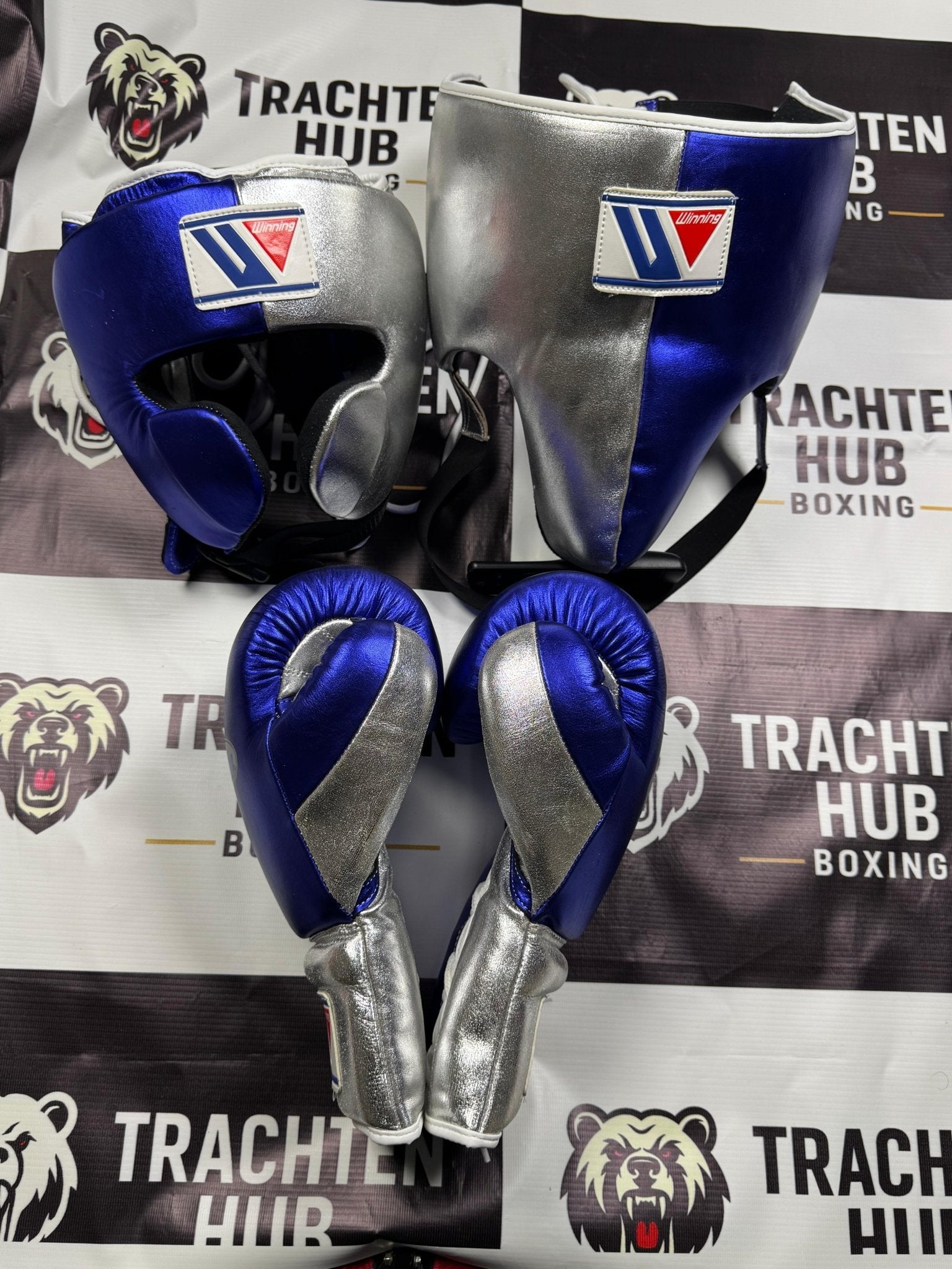 Custom Handmade Blue Silver Kit - Winning - 100% Cow Leather • Custom Name Print | Handmade Boxing Gear by TRACHTEN HUB