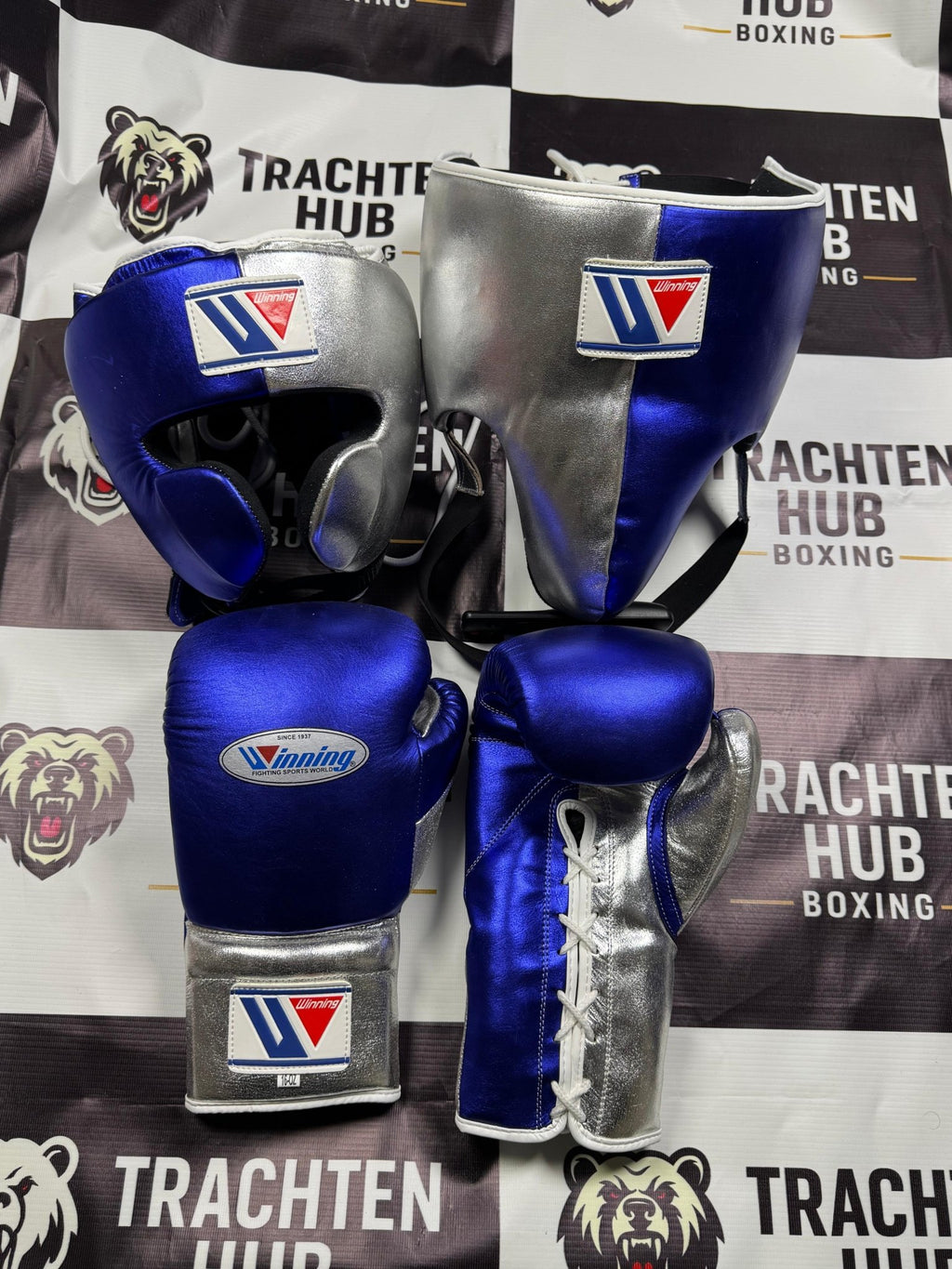 Custom Handmade Blue Silver Kit - Winning - 100% Cow Leather • Custom Name Print | Handmade Boxing Gear by TRACHTEN HUB