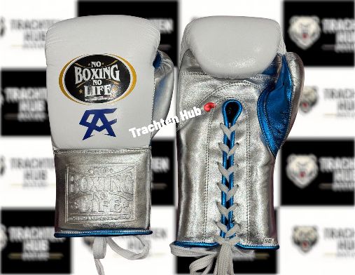 Custom Handmade Blue Silver White Boxing Gloves - Winning - 100% Cow Leather • Custom Name Print | Handmade Boxing Gear by TRACHTEN HUB
