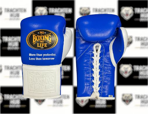 Custom Handmade Blue White Boxing Gloves - NBNL - 100% Cow Leather • Custom Name Print | Handmade Boxing Gear by TRACHTEN HUB