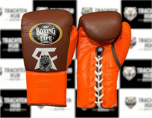 Custom Handmade Brown Orange Boxing Gloves - NBNL - 100% Cow Leather • Custom Name Print | Handmade Boxing Gear by TRACHTEN HUB