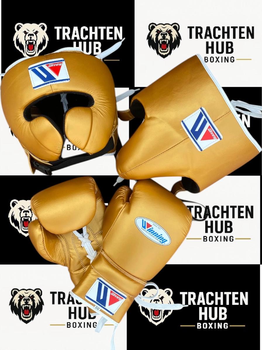 Custom Handmade Gold Kit - Winning - 100% Cow Leather • Custom Name Print | Handmade Boxing Gear by TRACHTEN HUB