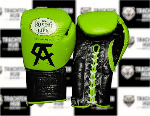 Custom Handmade Green Black Boxing Gloves - NBNL - 100% Cow Leather • Custom Name Print | Handmade Boxing Gear by TRACHTEN HUB