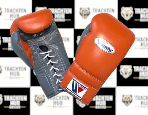 Custom Handmade Orange Grey Boxing Gloves - Winning - 100% Cow Leather • Custom Name Print | Handmade Boxing Gear by TRACHTEN HUB