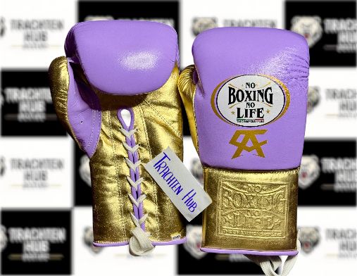 Custom Handmade Purple Gold Boxing Gloves - NBNL - 100% Cow Leather • Custom Name Print | Handmade Boxing Gear by TRACHTEN HUB