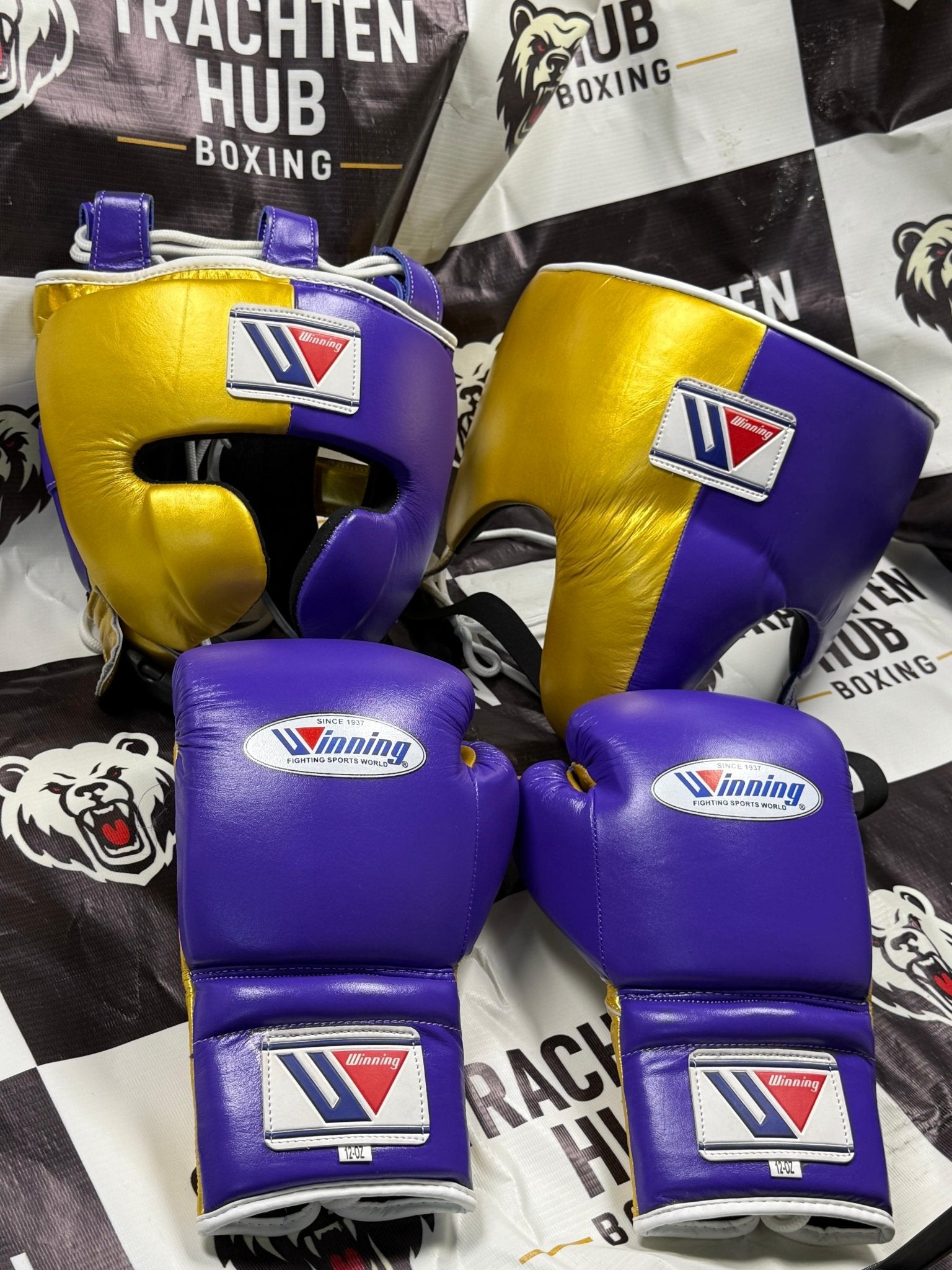 Custom Handmade Purple Gold Kit - Winning - 100% Cow Leather • Custom Name Print | Handmade Boxing Gear by TRACHTEN HUB