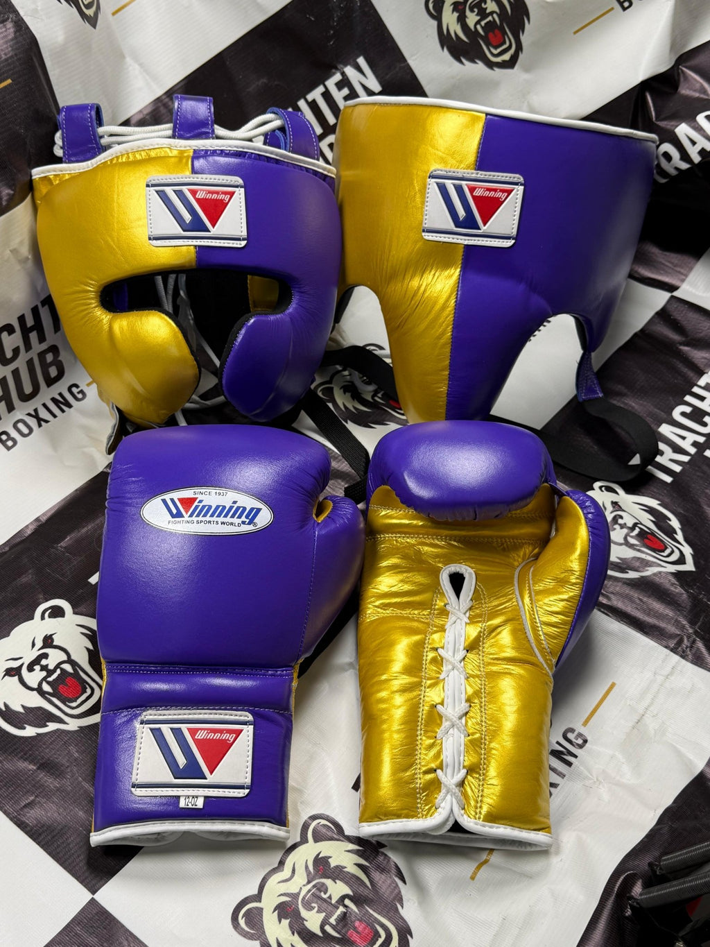 Custom Handmade Purple Gold Kit - Winning - 100% Cow Leather • Custom Name Print | Handmade Boxing Gear by TRACHTEN HUB