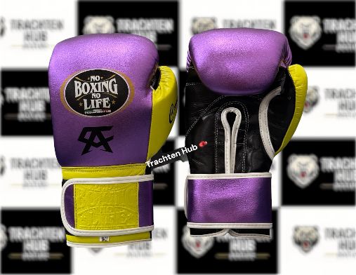 Custom Handmade Purple Yellow Boxing Gloves - NBNL - 100% Cow Leather • Custom Name Print | Handmade Boxing Gear by TRACHTEN HUB