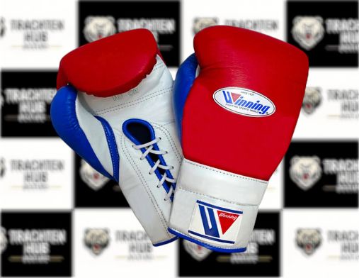 Custom Handmade Red Blue White Boxing Gloves - Winning - 100% Cow Leather • Custom Name Print | Handmade Boxing Gear by TRACHTEN HUB