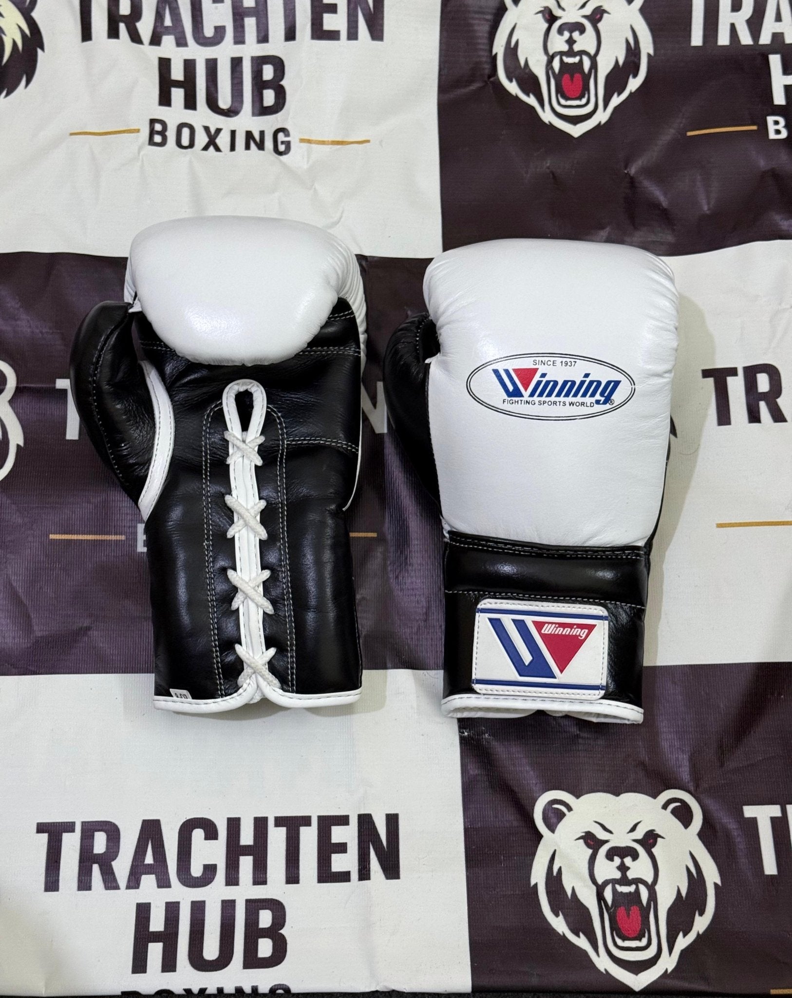 Custom Handmade White Black Boxing Gloves - Winning - 100% Cow Leather • Custom Name Print | Handmade Boxing Gear by TRACHTEN HUB