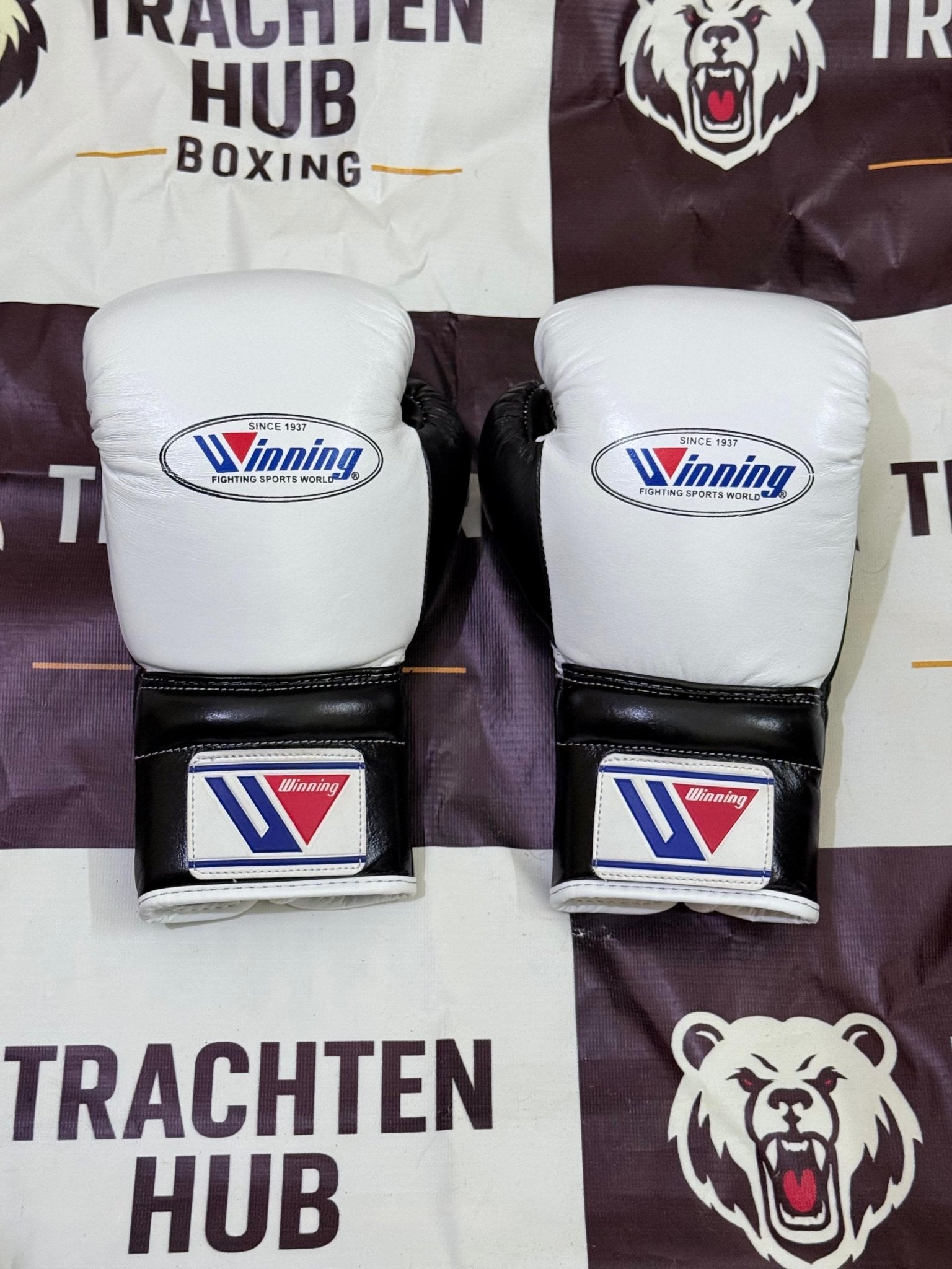 Custom Handmade White Black Boxing Gloves - Winning - 100% Cow Leather • Custom Name Print | Handmade Boxing Gear by TRACHTEN HUB