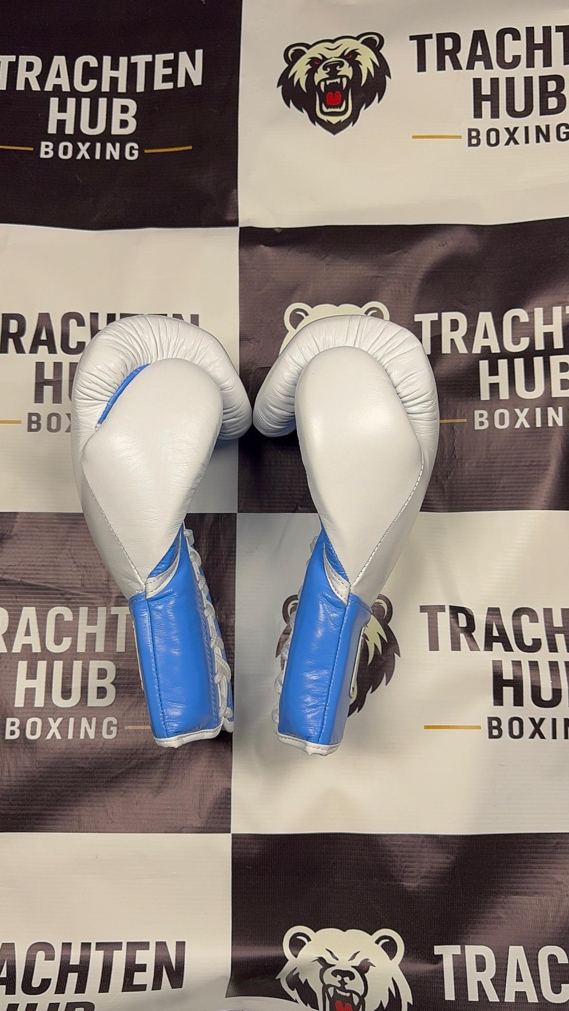 Custom Handmade White Blue Boxing Gloves - Winning - 100% Cow Leather • Custom Name Print | Handmade Boxing Gear by TRACHTEN HUB
