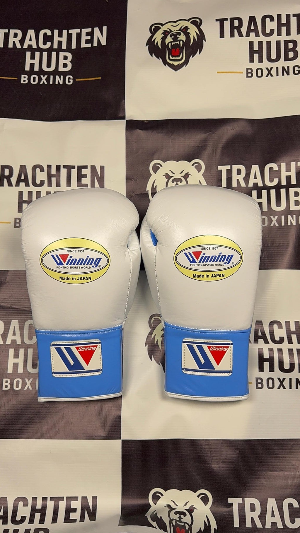 Custom Handmade White Blue Boxing Gloves - Winning - 100% Cow Leather • Custom Name Print | Handmade Boxing Gear by TRACHTEN HUB