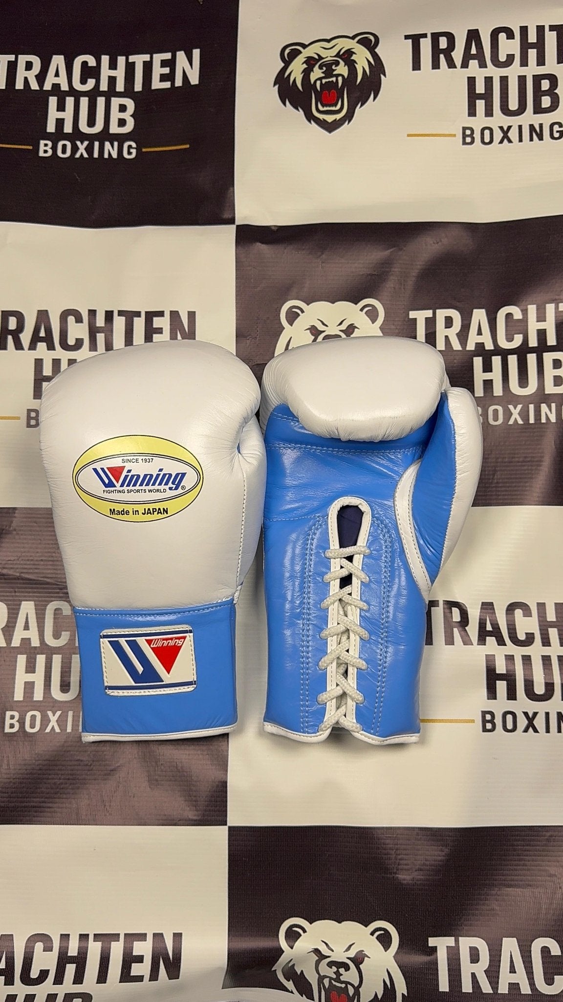 Custom Handmade White Blue Boxing Gloves - Winning - 100% Cow Leather • Custom Name Print | Handmade Boxing Gear by TRACHTEN HUB