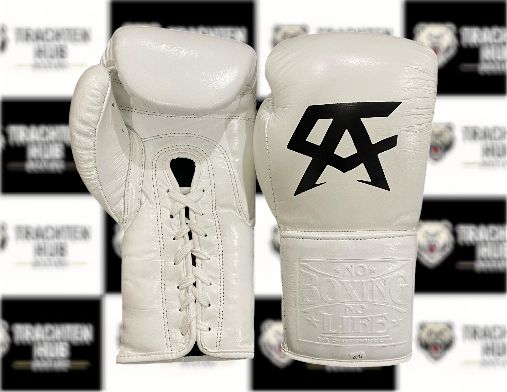 Custom Handmade White CA Variant Boxing Gloves - NBNL - 100% Cow Leather • Custom Name Print | Handmade Boxing Gear by TRACHTEN HUB