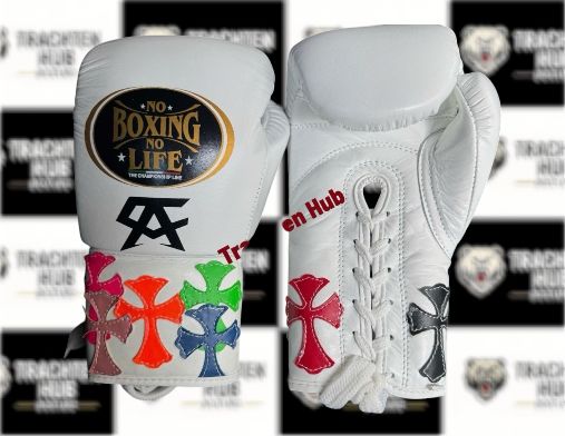 Custom Handmade White Chrome heart Boxing Gloves - NBNL - 100% Cow Leather • Custom Name Print | Handmade Boxing Gear by TRACHTEN HUB