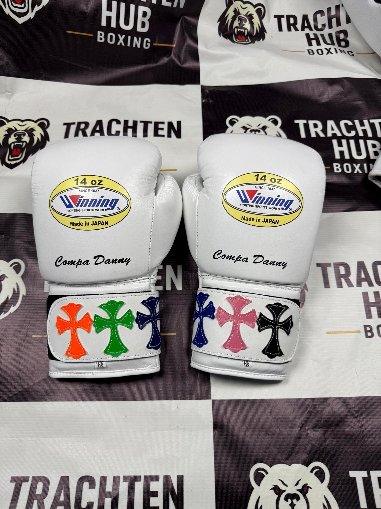 Custom Handmade White Chrome heart Boxing Gloves - Winning - 100% Cow Leather • Custom Name Print | Handmade Boxing Gear by TRACHTEN HUB