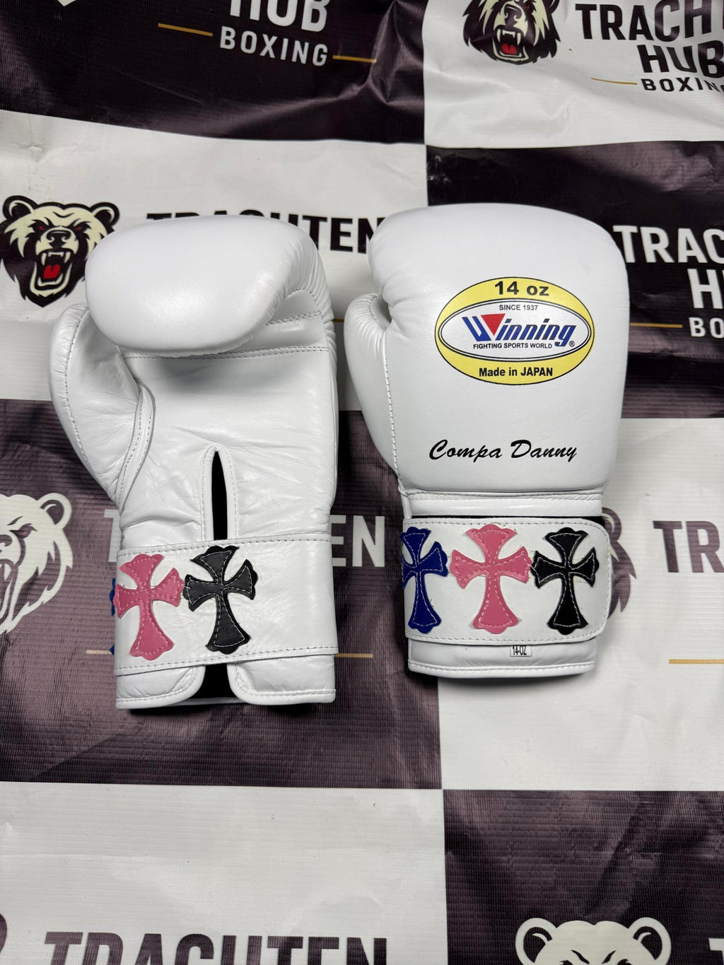 Custom Handmade White Chrome heart Boxing Gloves - Winning - 100% Cow Leather • Custom Name Print | Handmade Boxing Gear by TRACHTEN HUB