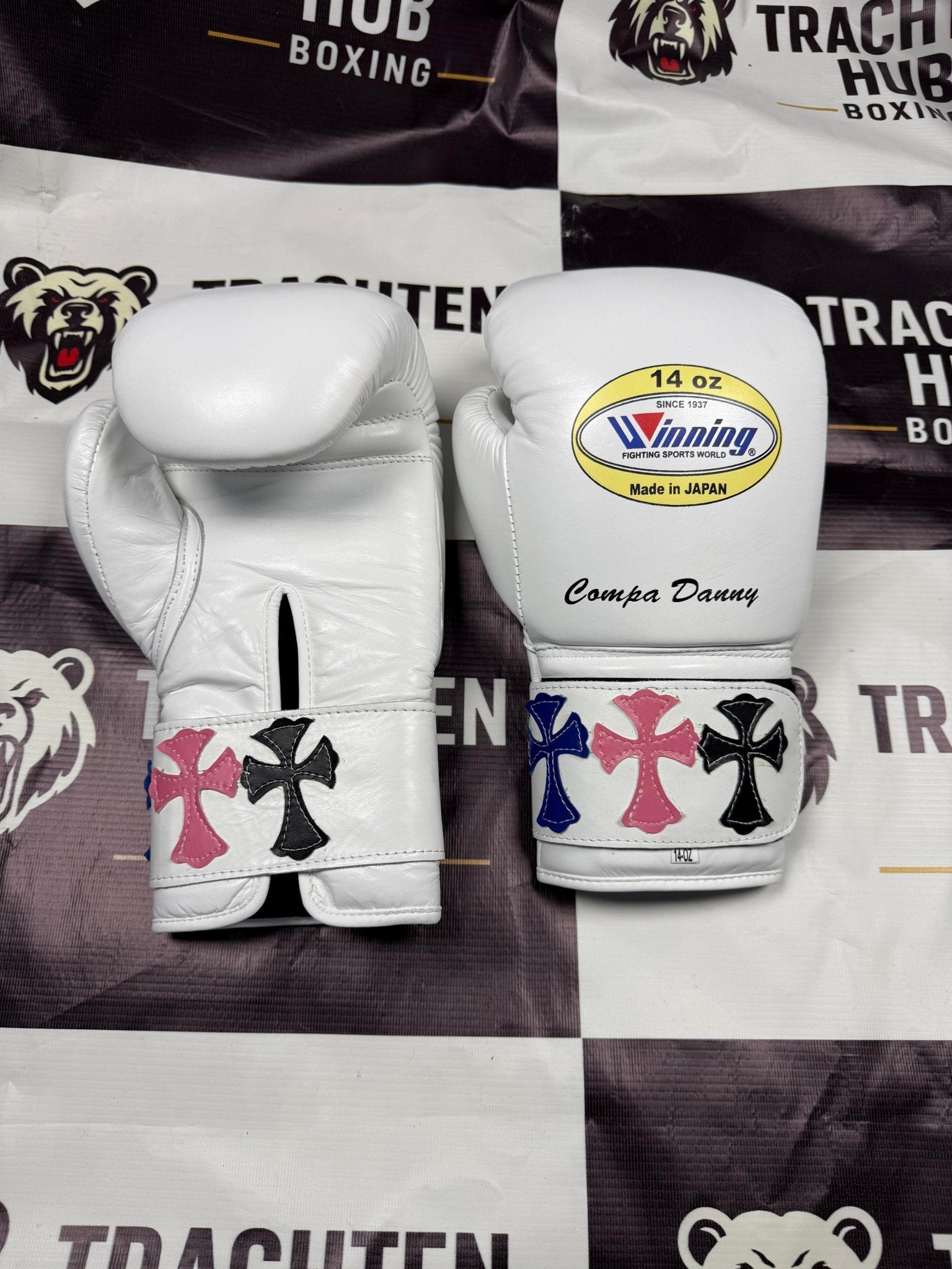 Custom Handmade White Chrome heart Boxing Gloves - Winning - 100% Cow Leather • Custom Name Print | Handmade Boxing Gear by TRACHTEN HUB