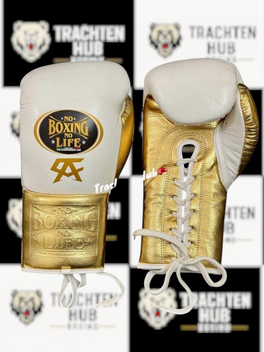 Custom Handmade White Gold Boxing Gloves - Winning - 100% Cow Leather • Custom Name Print | Handmade Boxing Gear by TRACHTEN HUB