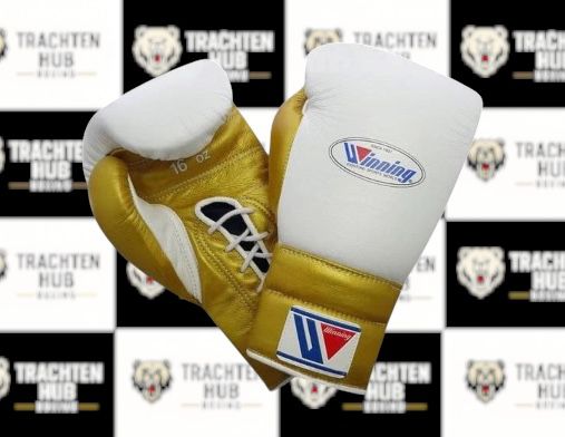 Custom Handmade White Gold Boxing Gloves - Winning - 100% Cow Leather • Custom Name Print | Handmade Boxing Gear by TRACHTEN HUB
