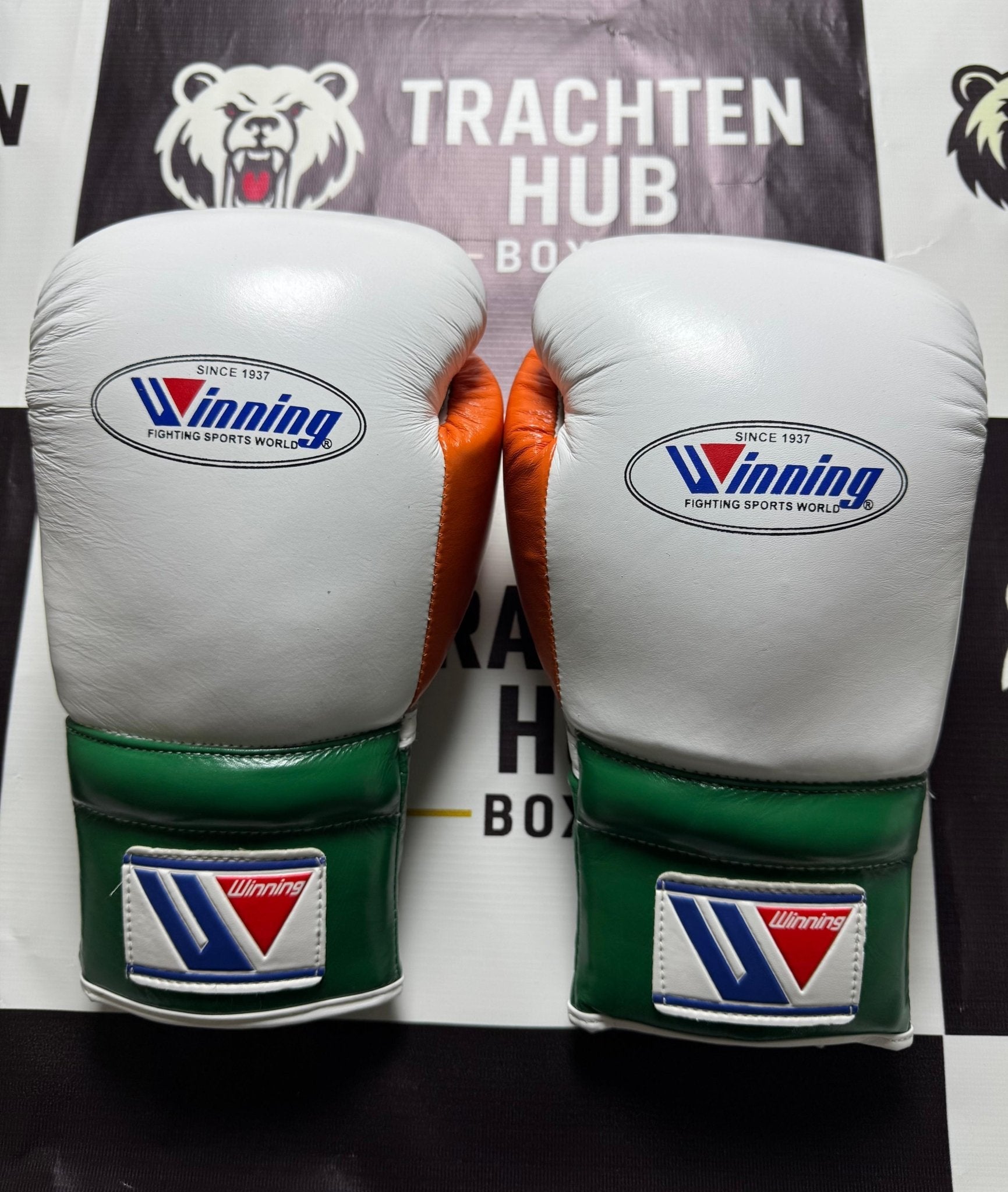 Custom Handmade White Orange Green Boxing Gloves - Winning - 100% Cow Leather • Custom Name Print | Handmade Boxing Gear by TRACHTEN HUB