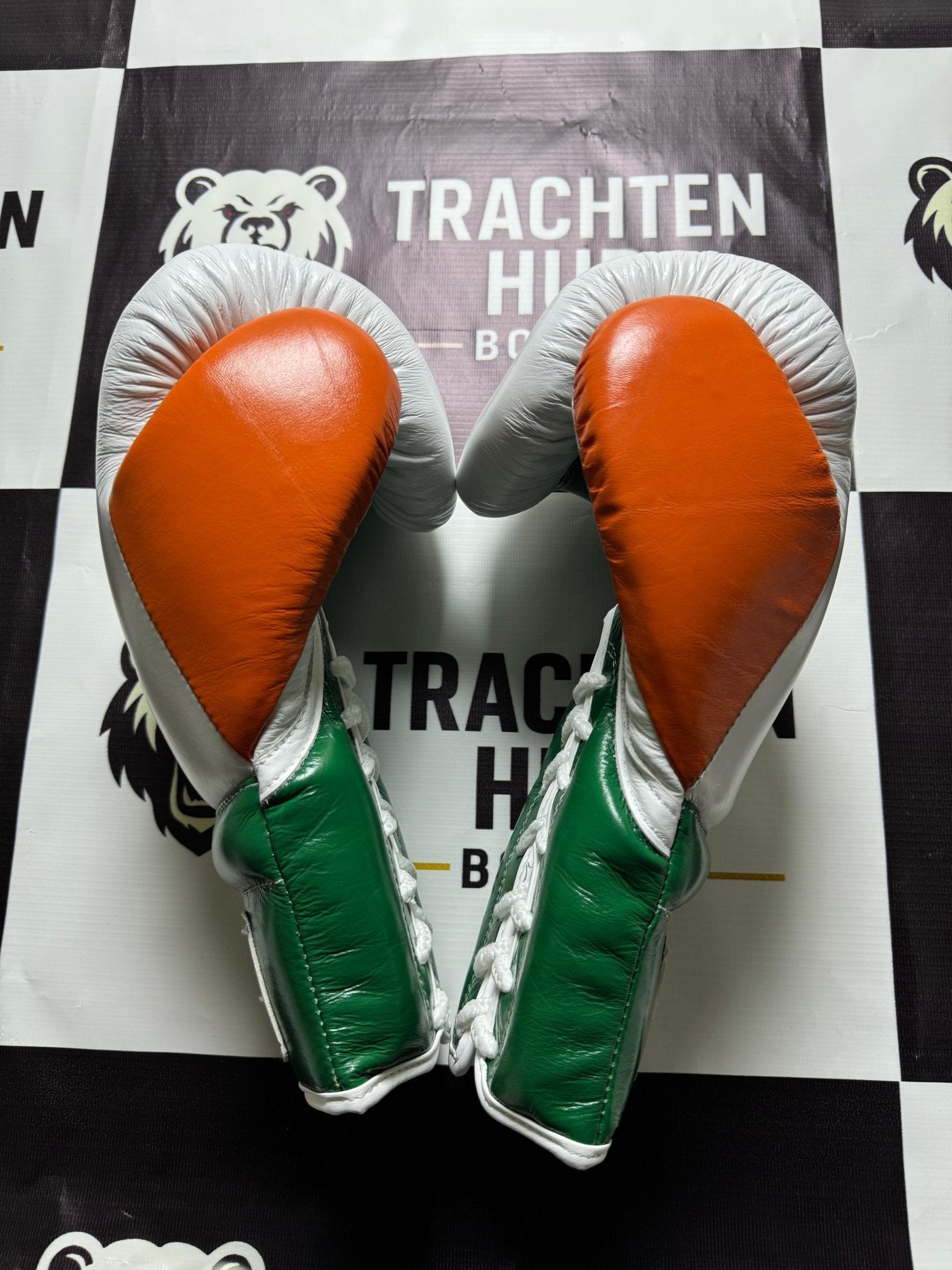 Custom Handmade White Orange Green Boxing Gloves - Winning - 100% Cow Leather • Custom Name Print | Handmade Boxing Gear by TRACHTEN HUB