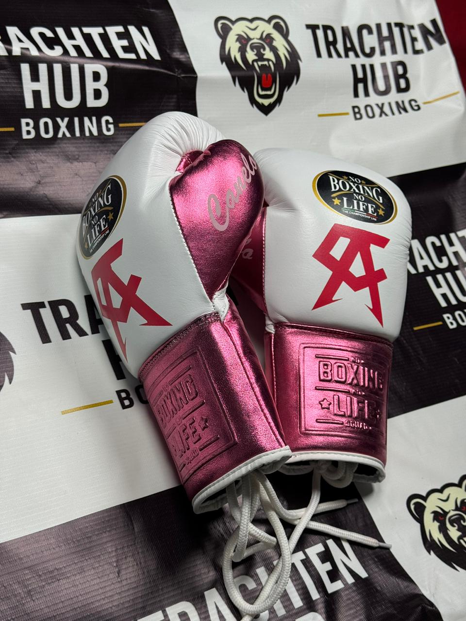Custom Handmade White Pink Boxing Gloves - NBNL - 100% Cow Leather • Custom Name Print | Handmade Boxing Gear by TRACHTEN HUB