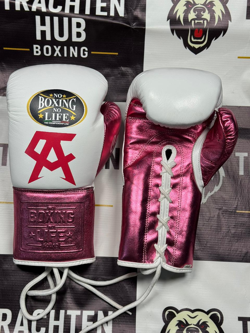 Custom Handmade White Pink Boxing Gloves - NBNL - 100% Cow Leather • Custom Name Print | Handmade Boxing Gear by TRACHTEN HUB