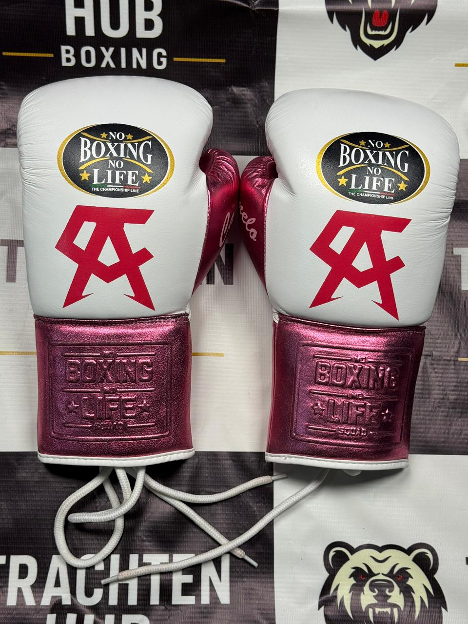 Custom Handmade White Pink Boxing Gloves - NBNL - 100% Cow Leather • Custom Name Print | Handmade Boxing Gear by TRACHTEN HUB