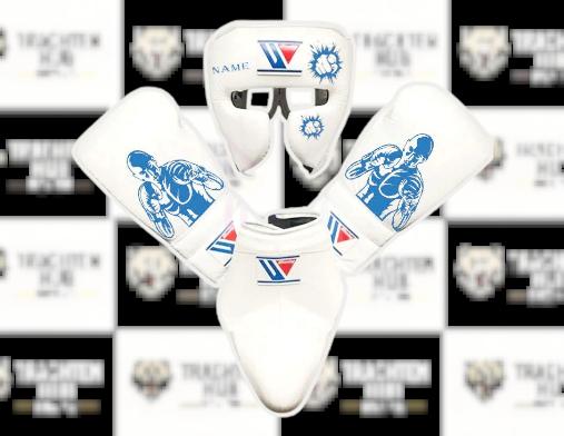Custom Handmade White Sky Blue Kit - Winning - 100% Cow Leather • Custom Name Print | Handmade Boxing Gear by TRACHTEN HUB
