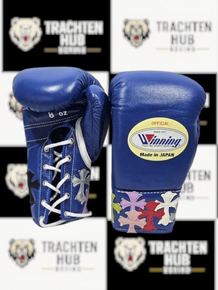 Custom Handmade Blue Chrome heart Boxing Gloves - Winning - 100% Cow Leather • Custom Name Print