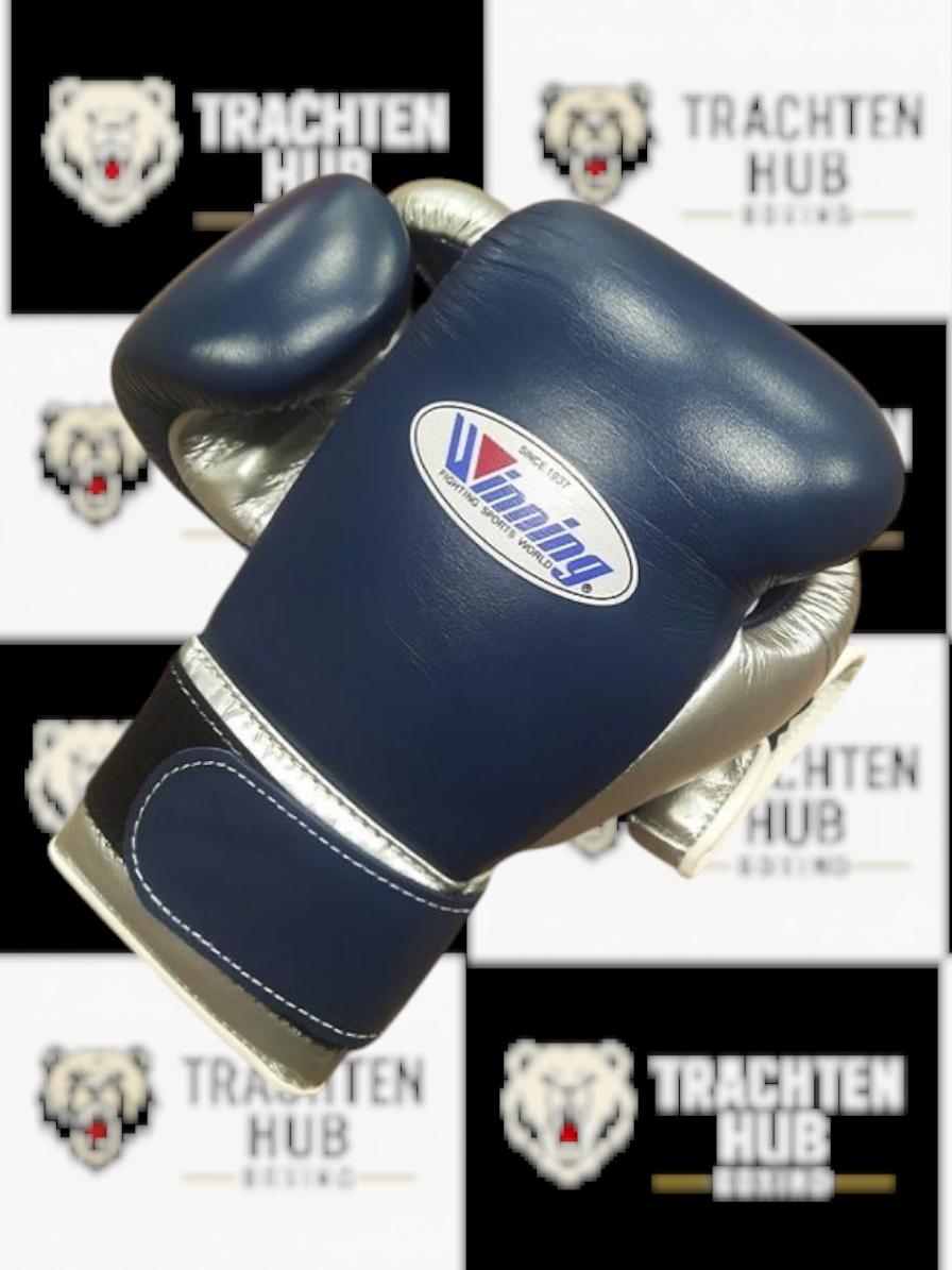 Custom Handmade Blue Silver Boxing Gloves - Winning - 100% Cow Leather • Custom Name Print