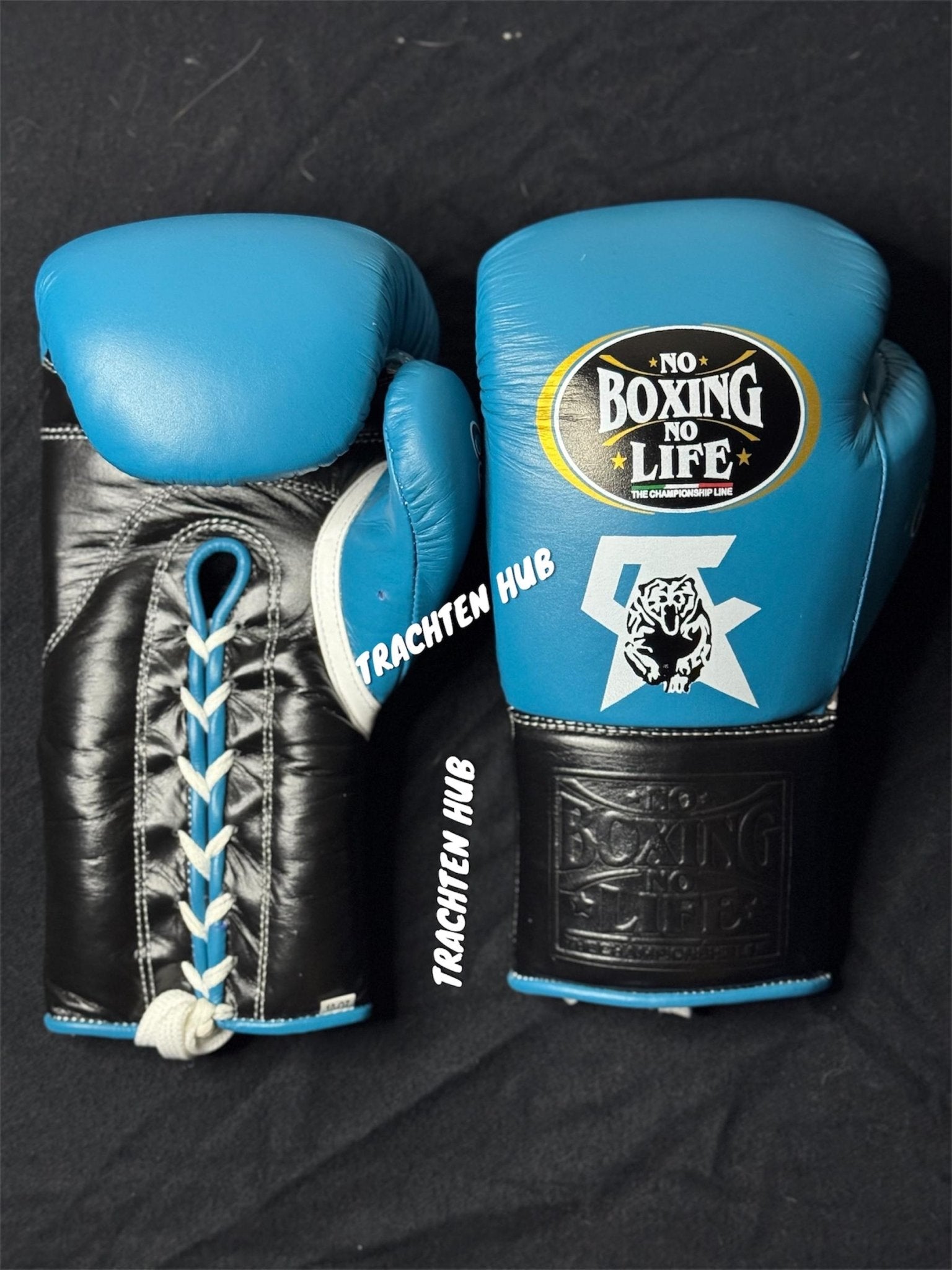 Handmade blue and black No Boxing No Life gloves for training