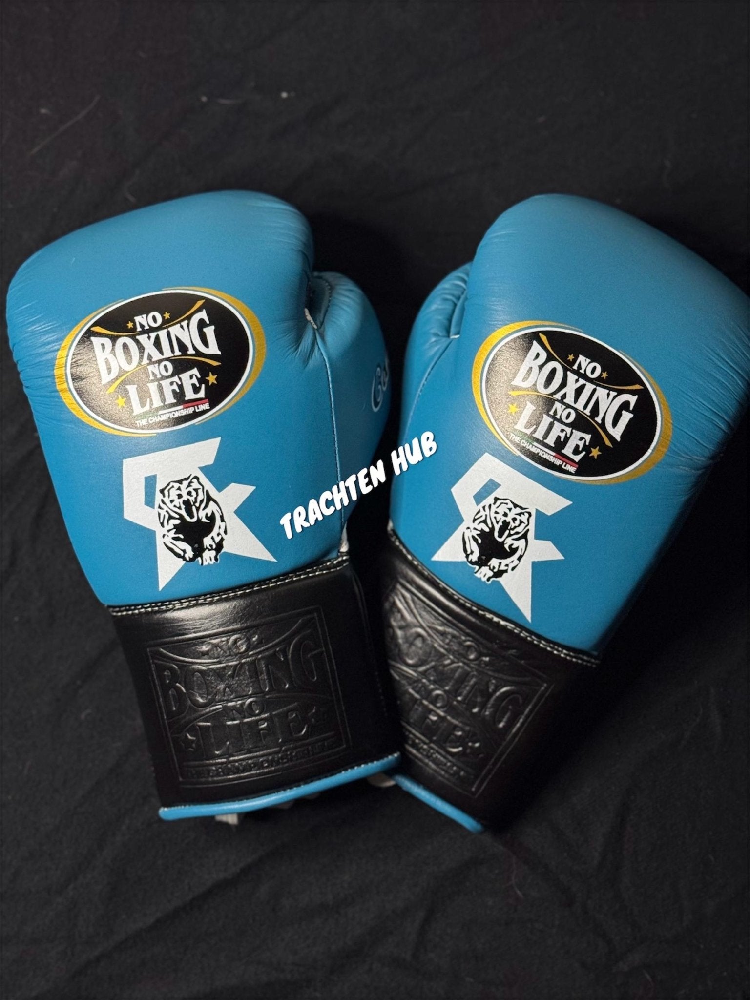 Handmade blue and black No Boxing No Life gloves for training