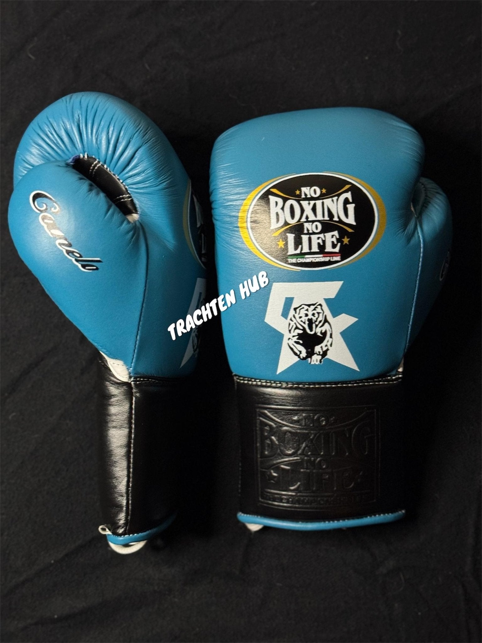 Handmade blue and black No Boxing No Life gloves for training