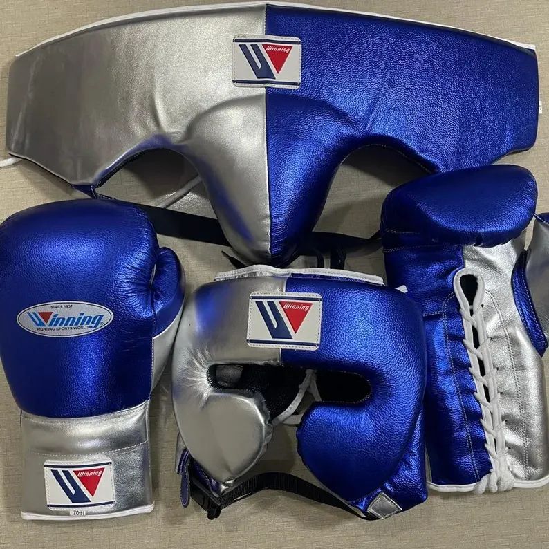 Premium Custom Blue silver Boxing Set – Handmade Genuine Leather – Name Print | Handmade Boxing Gear by TRACHTEN HUB