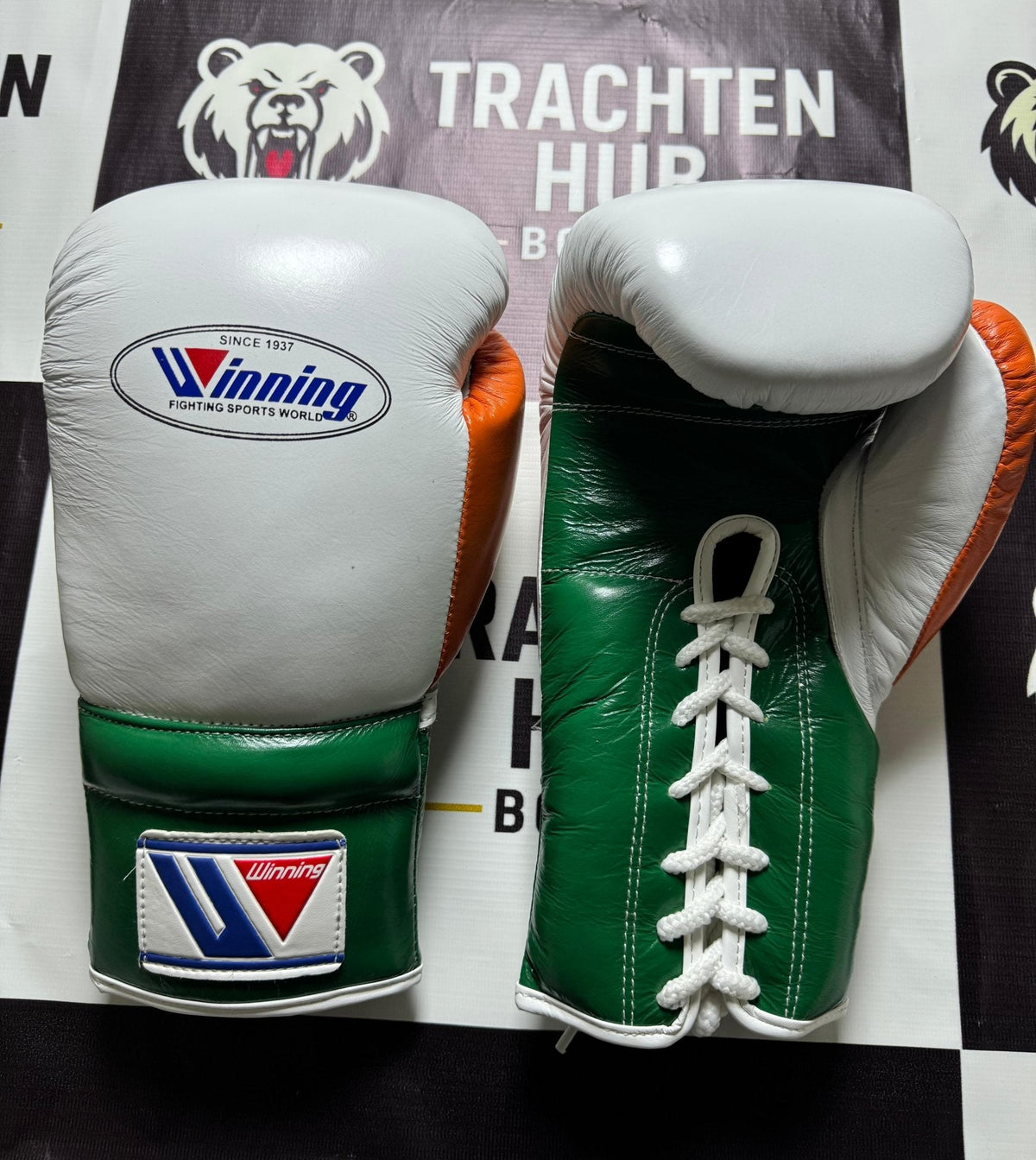 Premium Handmade White Green Orange Boxing Gloves – Custom Name & Design | Handmade Boxing Gear by TRACHTEN HUB