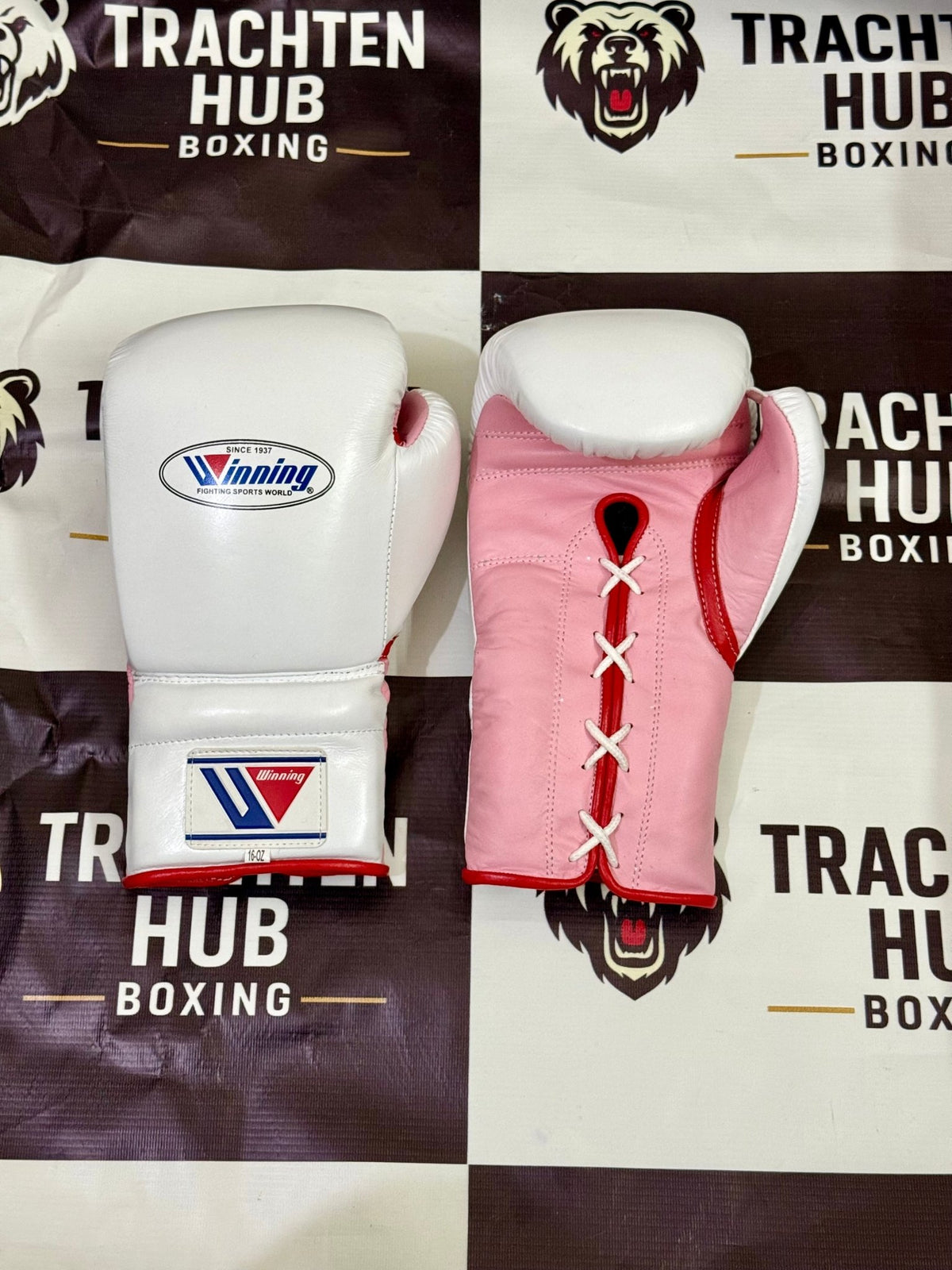 Premium Handmade White Pink Boxing Gloves – Custom Name & Design | Handmade Boxing Gear by TRACHTEN HUB